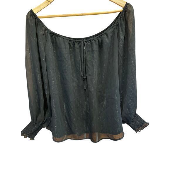 WAYF x BFF Sarah Silver Metallic & Black Off the Shoulder Top Sheer Long Sleeves - Picture 3 of 12